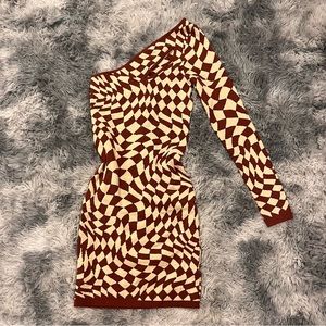 Fashion Nova Checkered Illusion One Shoulder Brown Sweater Mini Dress‎ Size M